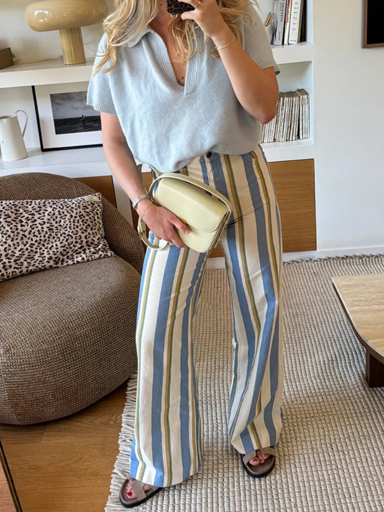 Street Striped Jeans Women's High-Waist Pockets Wide-Leg Trouser 2026 Spring Summer Retro Multicolor Vertical Stripe Denim Pant