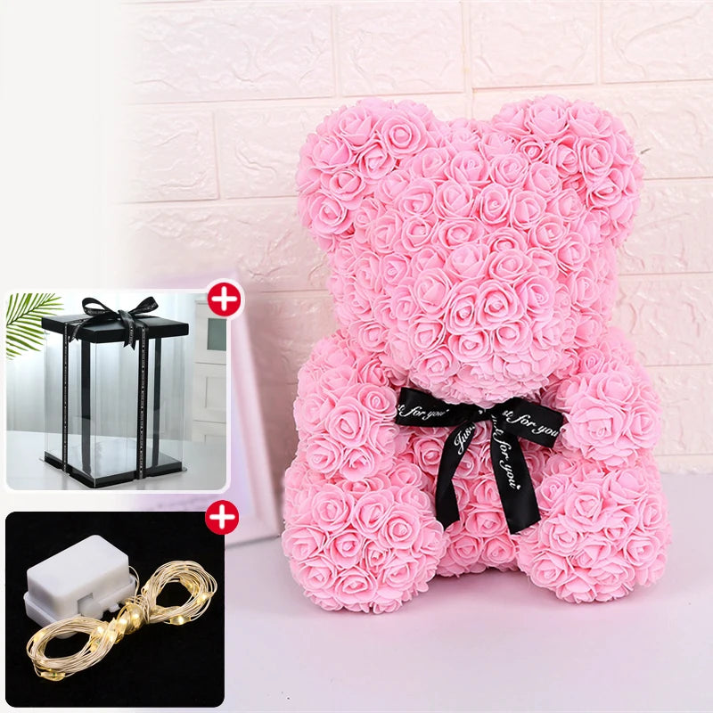 Rose Bear With Box Lights Valentine Gifts Decoration Artificial Flower Teddy Bear for Women/Girlfriend Love Flower Birthday Gift
