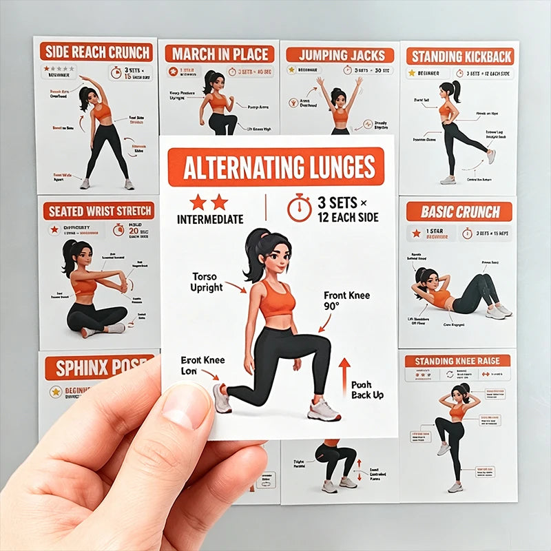 Fitness Guide Cards, Including Strength Training, Core Strengthening, and Home Stretching, Illustrated Step-By-Step Exercise Guide Set, Exercise Flash Cards Suitable for Home Fitness and Travel CB DROPSHIPPING
