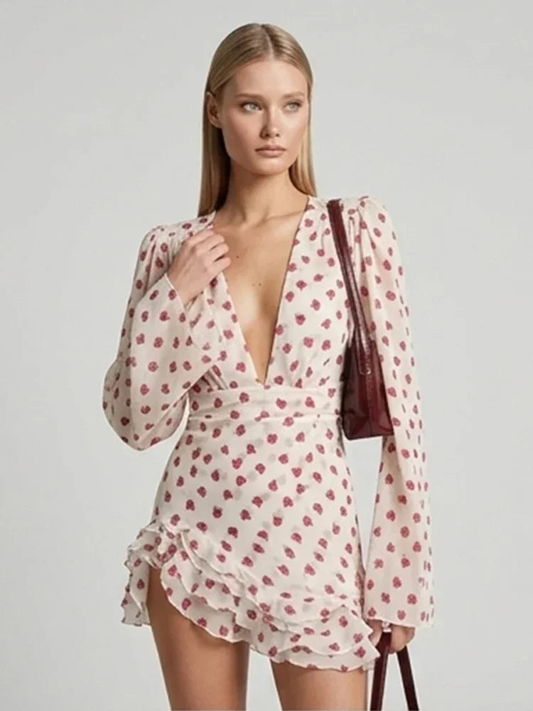 Women Elegant Printed Short Dress Chic V-neck Short Sleeve A-line Bodycon Mini Dresses 2026 Lady New Summer Vacation Street Robe