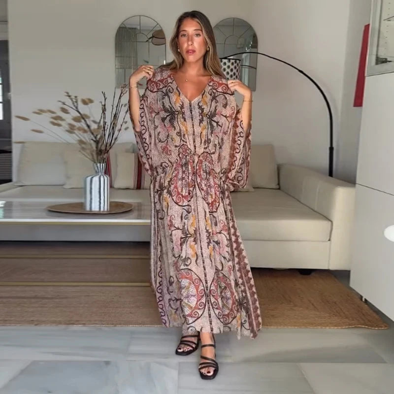 Women V Neck Vintage Vine Print Batwing Sleeve Maxi Dress Drawstring Waist Loose Flare Long Dress Mesh Texture Beach Vacation