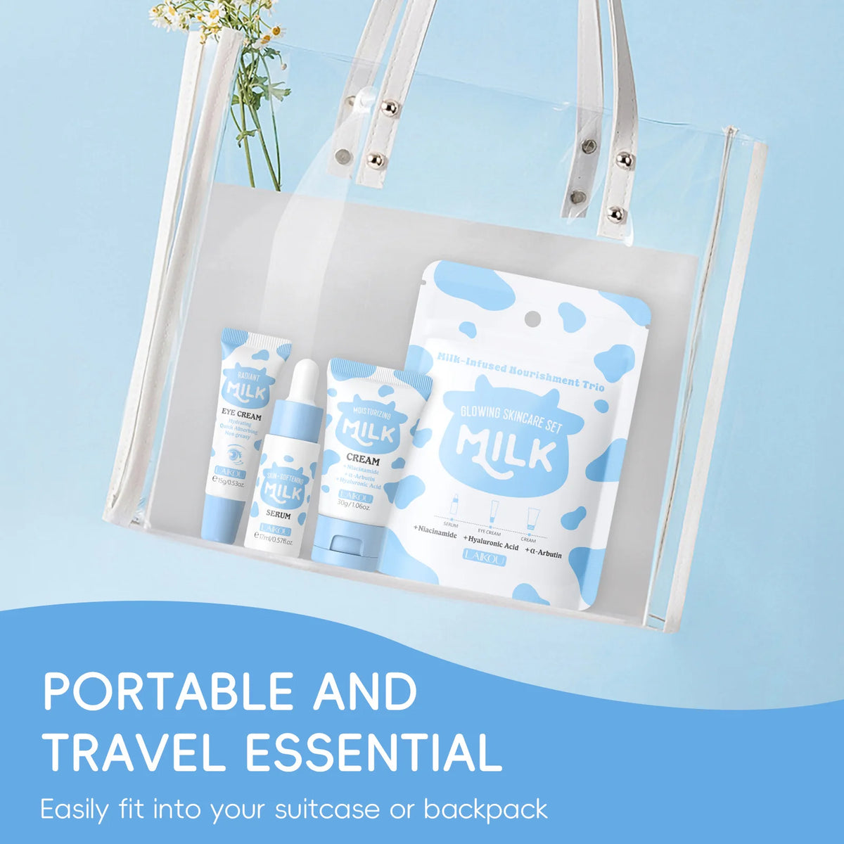 LAIKOU Milk Skincare Travel Set 3pcs Niacinamide Hyaluronic Acid Face Serum Eye Cream Face Cream Moisturizing Glowing Skin Care CB DROPSHIPPING