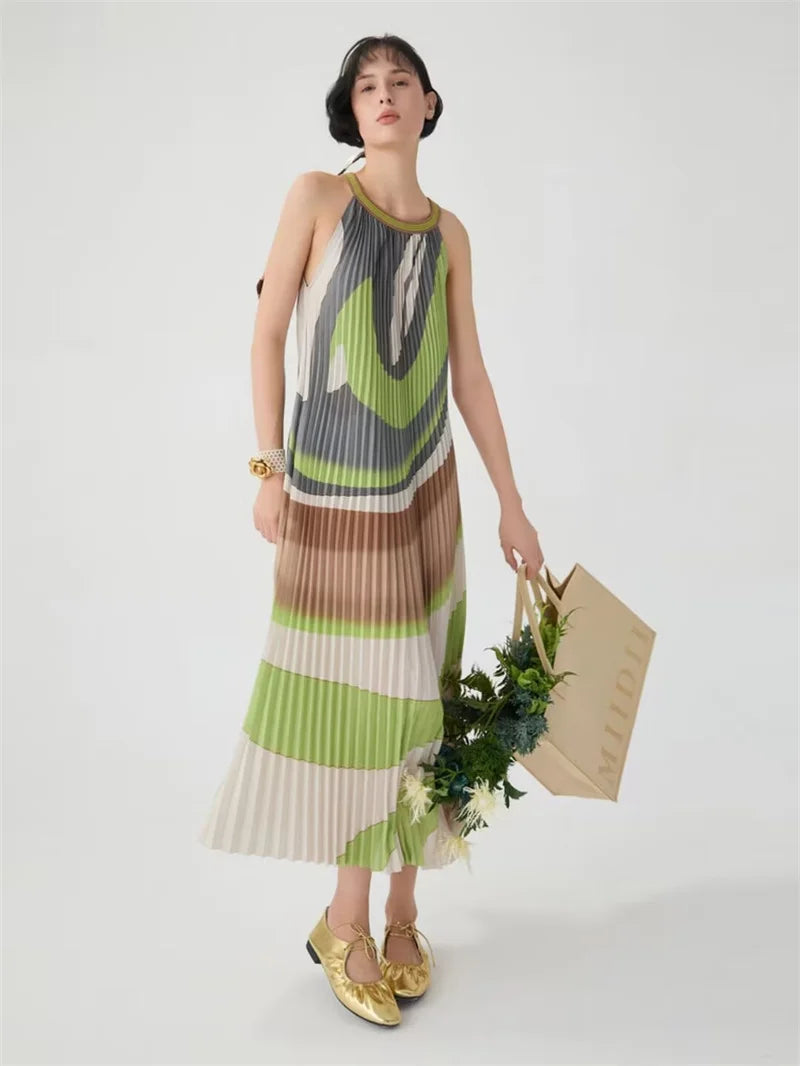 Elegant Party Dresses Long Dresses Womens Dresses Dress Sleeveless Retro Literary Style Hanging Neck Color Pleated Long Skirt