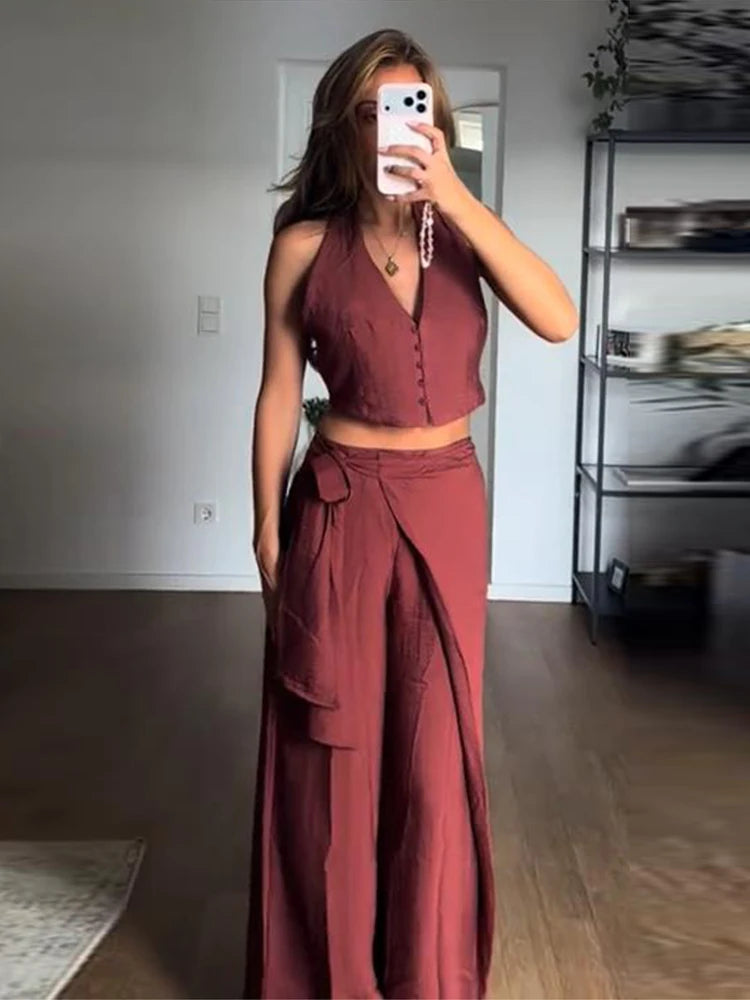 Sequin Embroidered Halter V-Neck Wrap Top & Wide Leg Pants Set 2026 Summer Chic Elegant Women Vocation Casual Two Piece Outfit