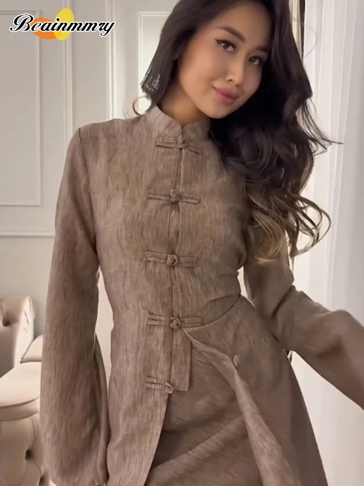 Chinese Style Frog Button Two Piece Set Long Flared Sleeve Ruched Waist Traditional Oriental Outline Sets Spring Picnic Outfit