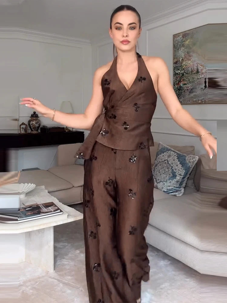 Sequin Embroidered Halter V-Neck Wrap Top & Wide Leg Pants Set 2026 Summer Chic Elegant Women Vocation Casual Two Piece Outfit