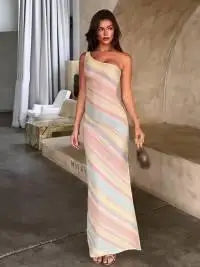 Color Blocked Knitted Long Dress Women Elegant Off Shoulder Corset High Split Vestidos 2026 Lady Daily Beach Vacation Wear New
