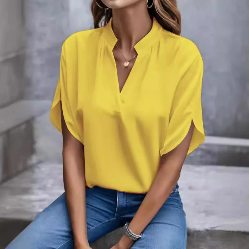V Neck Short Sleeve Loose Blouse Women Casual Solid Color Top Office Lady Elegant Summer Shirt Plus Size Pullover Tops