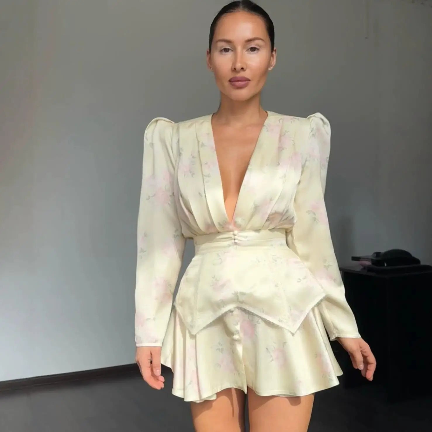 Print  Dress Women's Floral Satin Mini Dress Deep V-Neck Puff Sleeves Peplum Waistband Two-Piece Party Dresses Woman Clothes