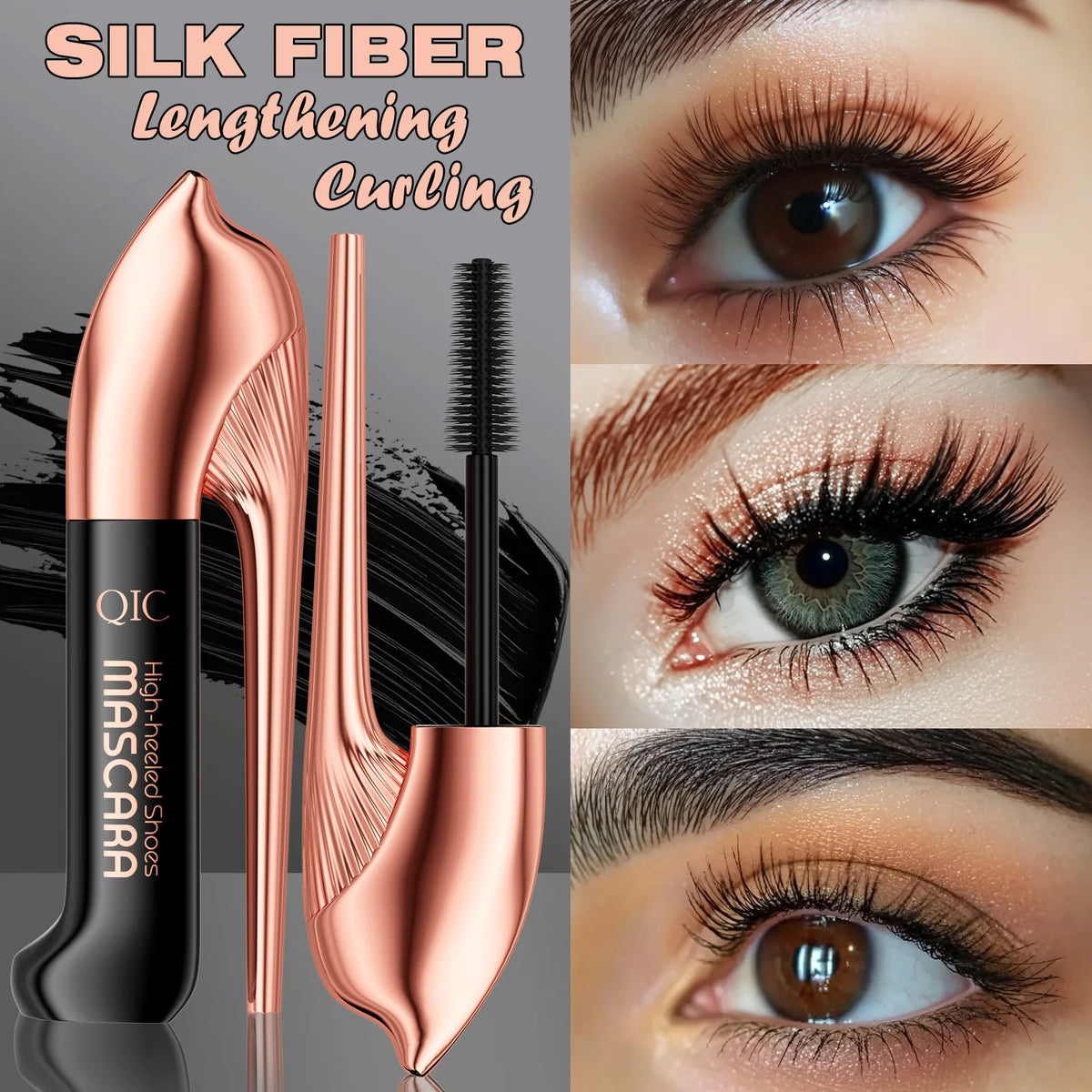 QIC High-heeled Shoes Mascara 3D Fiber Mascara, Long Black Volumizing Eyelash Extension, Waterproof Eye Makeup Tool CB DROPSHIPPING