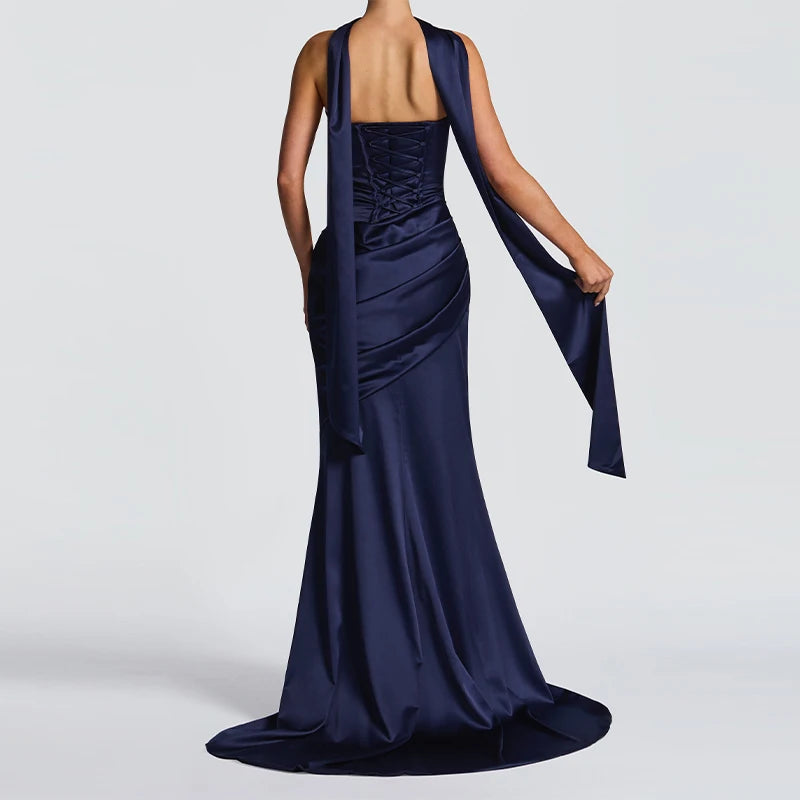 Women Sexy Pleated Strapless Satin Dress Chic Solid Off-Shoulder Backless High Waist Bodycon Dresses 2026 New Evening Party Gown