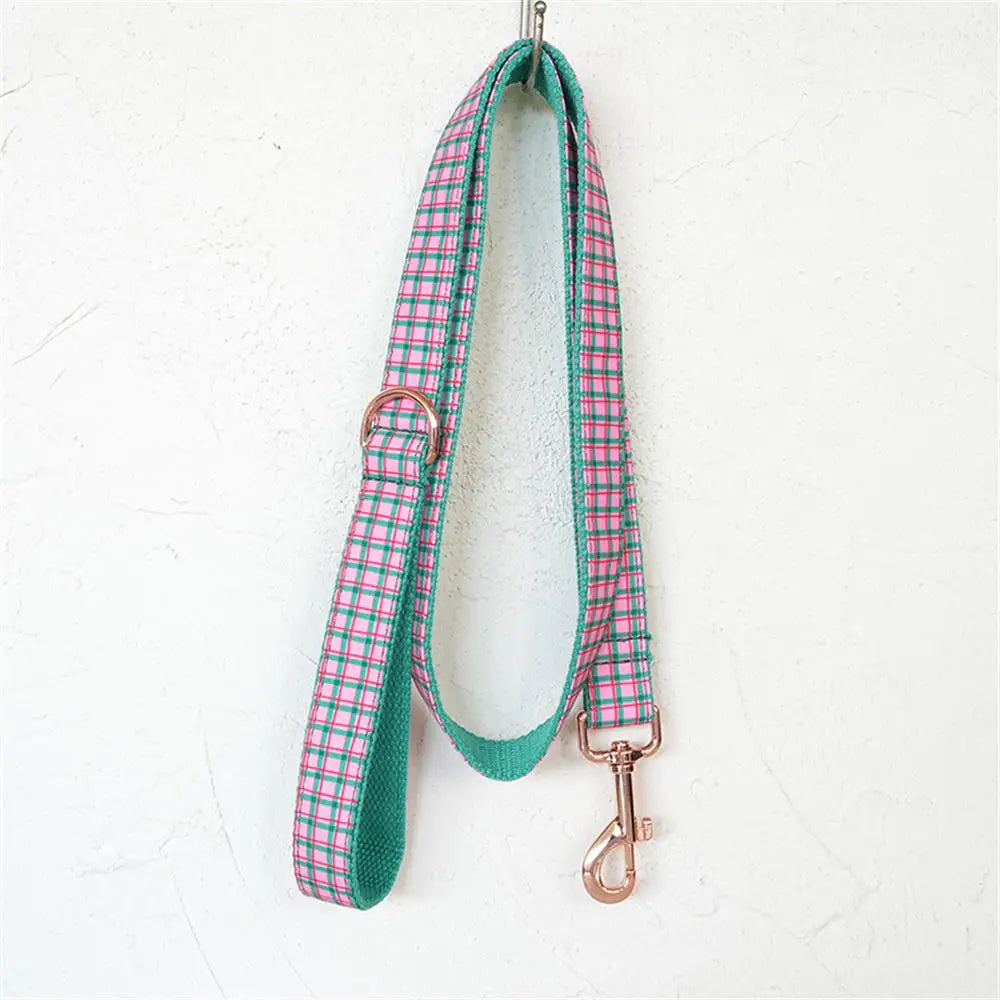Personalized Dog Collar with Free Engraving, Matching Pet Leash,Customzied Contacts Metal Buckle, Pink Green Plaid Pet Collar