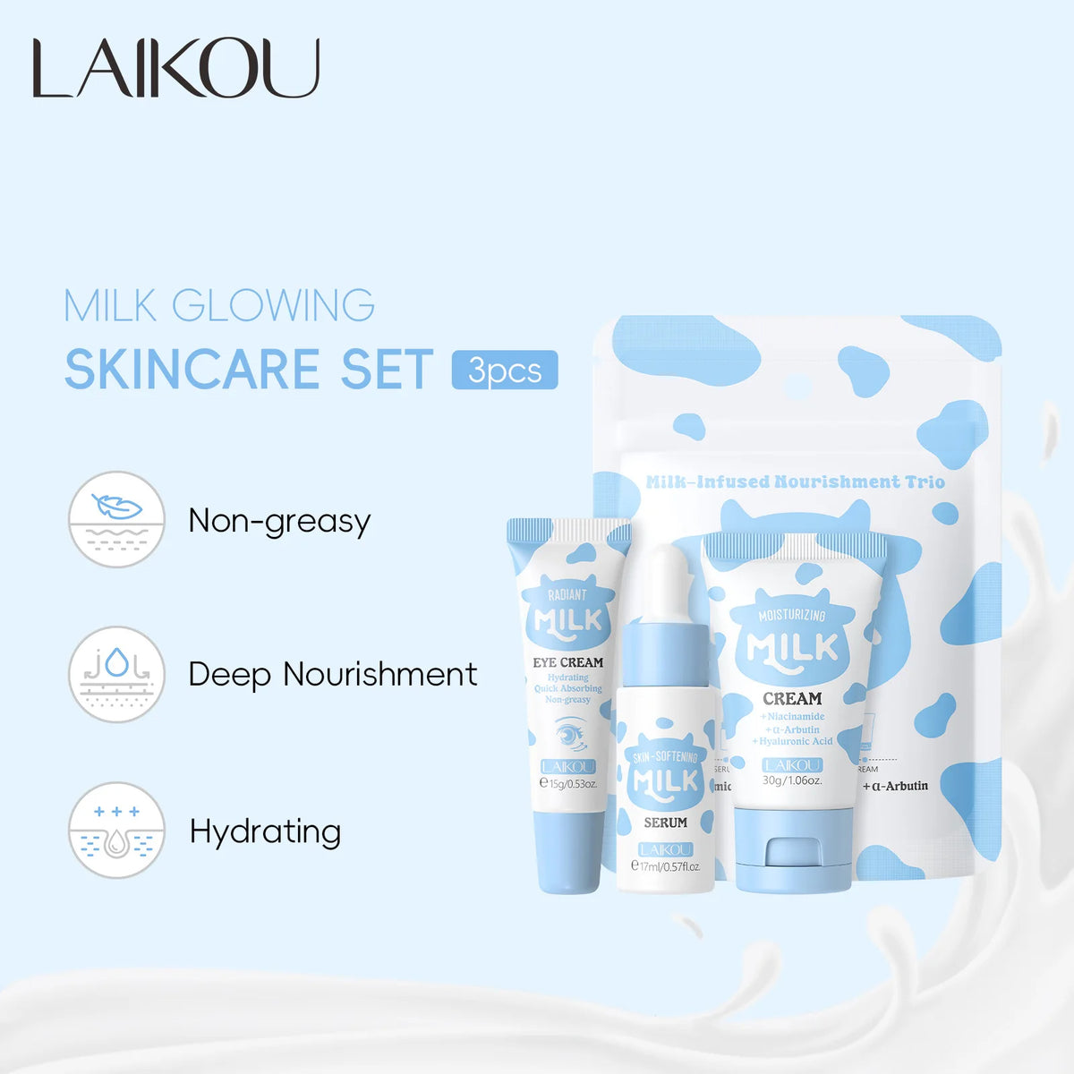 LAIKOU Milk Skincare Travel Set 3pcs Niacinamide Hyaluronic Acid Face Serum Eye Cream Face Cream Moisturizing Glowing Skin Care CB DROPSHIPPING