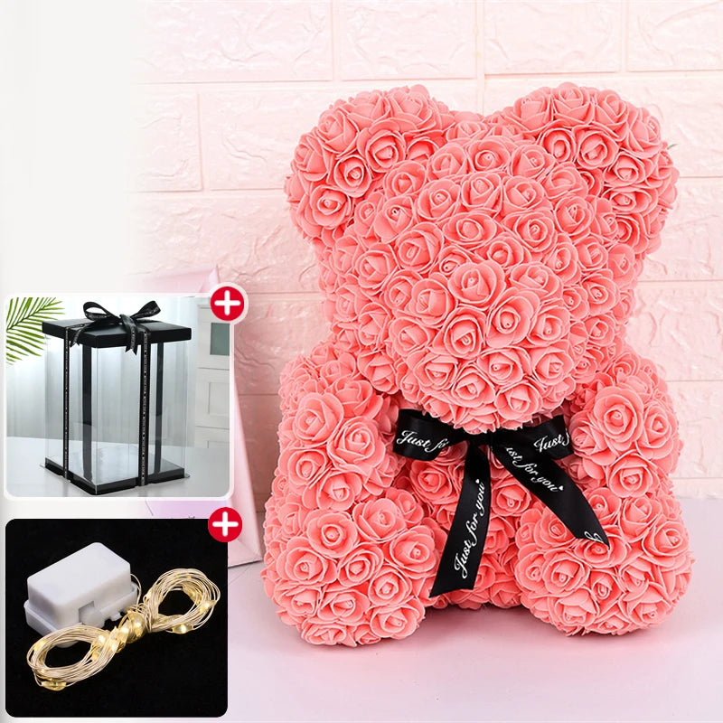 Rose Bear With Box Lights Valentine Gifts Decoration Artificial Flower Teddy Bear for Women/Girlfriend Love Flower Birthday Gift