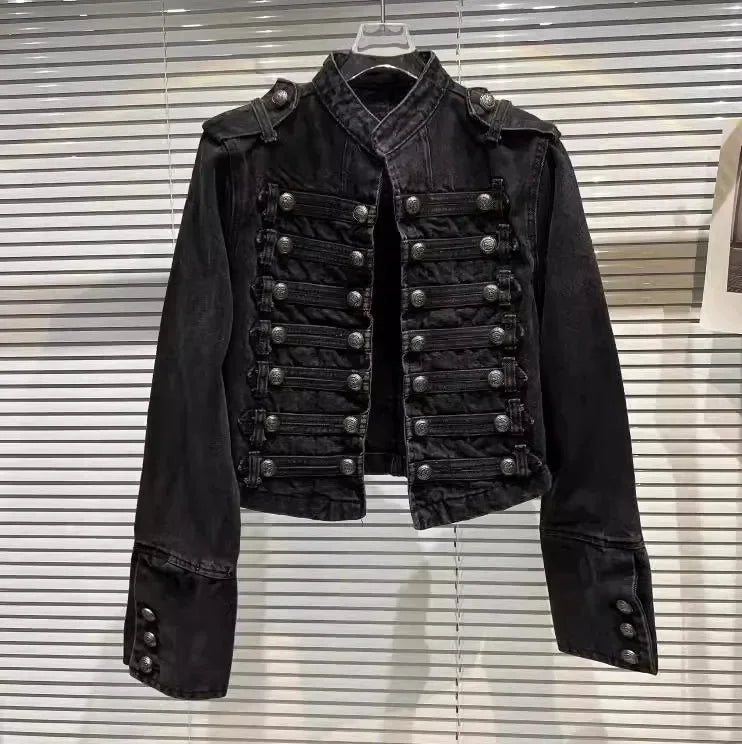 Spring Autumn Vintage Blue Slim Short Jeans Jacket Women Stand Collar Multi-breasted Design Long Sleeve Denim Jacket  Streetwear