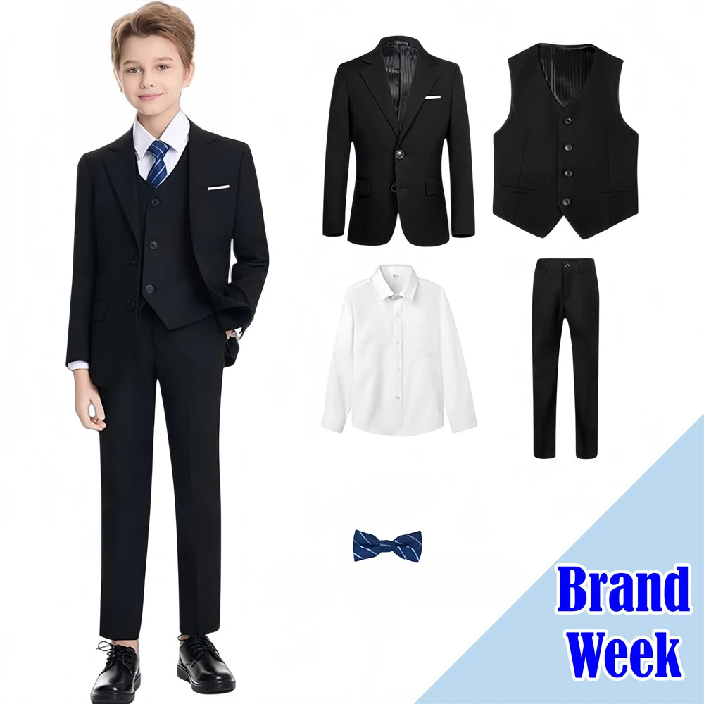 Notched Boy's Suit Set for Kids 3-14 Yrs, One Button Black Suit Jacket Vest Pants and T Shirt, Communion Tuxedo 4-Piece Suits CB DROPSHIPPING