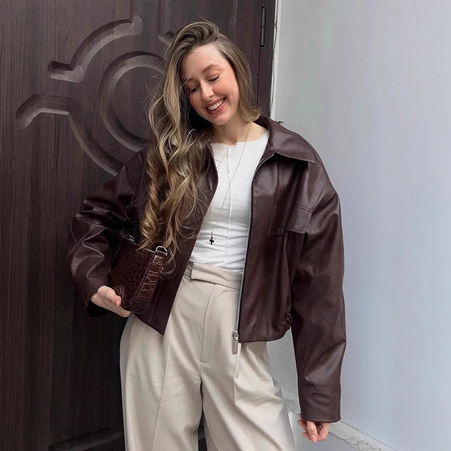 Vintage Solid Waist Cinching Leather Jacket Women Fashion Stand Collar Full Sleeve Zipper Buckle Coat 2026 Lady Street Outerwear