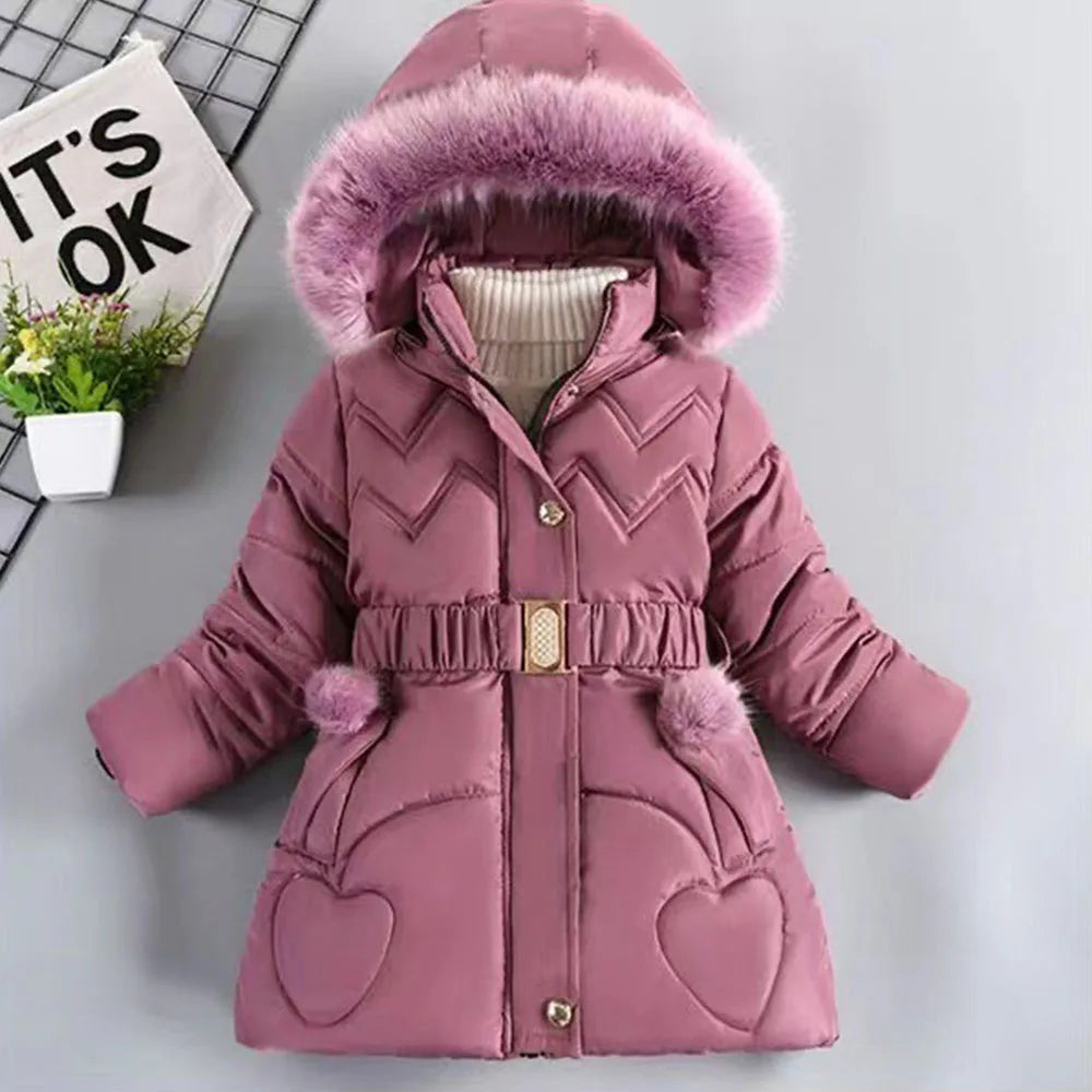 2025 Newyear Clothes Girls Winter Coat Kids Snow Puffer Jacket Hooded Warm With Waist Belt and Pockets CB DROPSHIPPING
