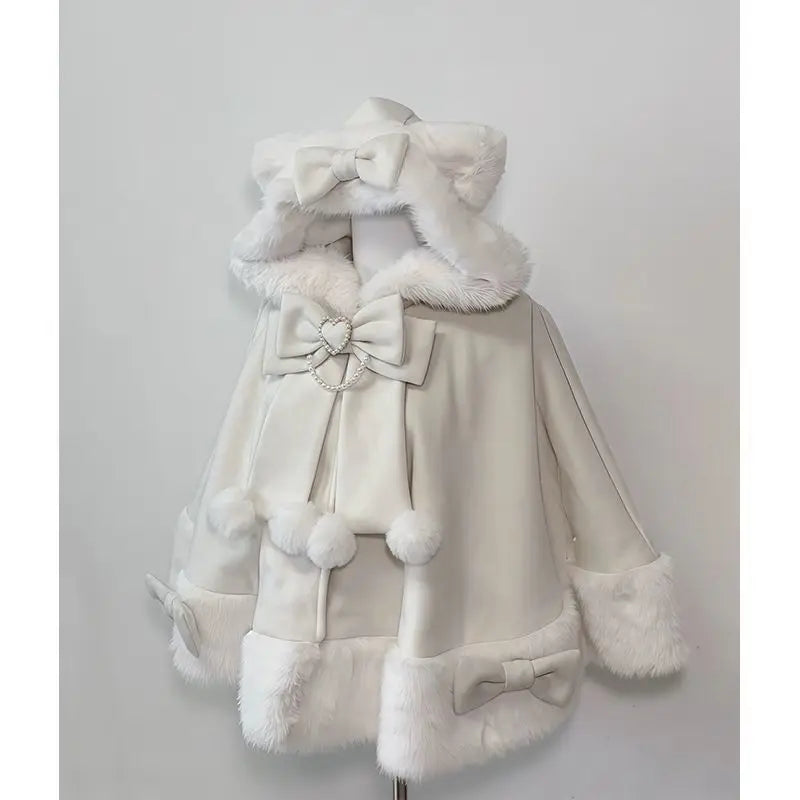 Japanese Kawaii Coat Cloak Faux Fur Collar Long Sleeve Tops Women Casual Lolita Bow Button Jackets Warm Sweet Women Clothing