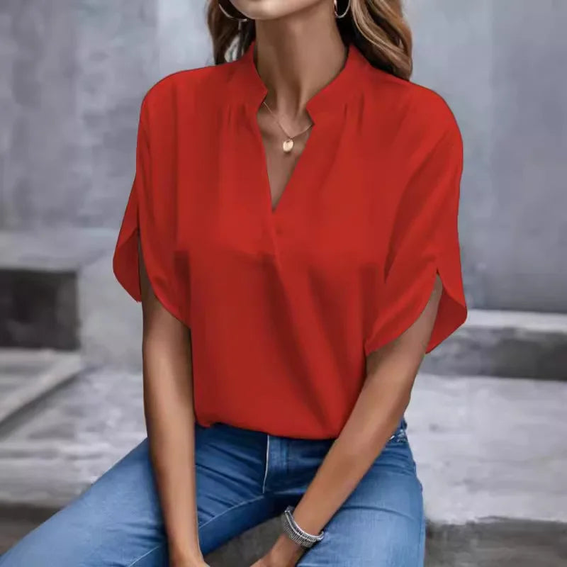 V Neck Short Sleeve Loose Blouse Women Casual Solid Color Top Office Lady Elegant Summer Shirt Plus Size Pullover Tops