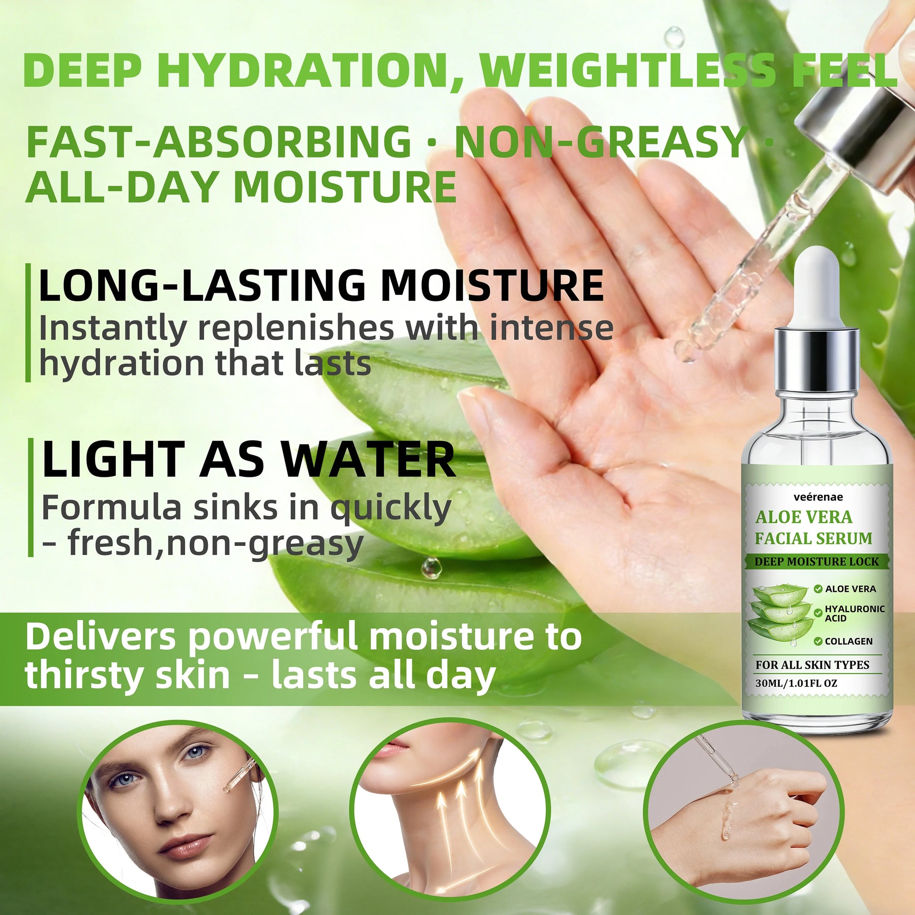 veérenae ALOE VERA FACIAL SERUM - Hydrating & Soothing, Oil‑Free, Quick‑Absorbing & Non‑Greasy, Perfect for Daily Skincare