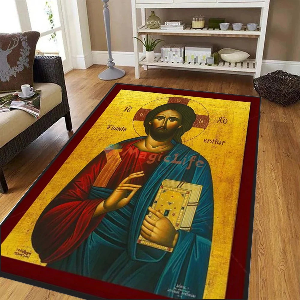 Large Living Room Bedroom Rug Orthodox Saint Icon Print Comfortable Feel Non Shedding Durable Floor Distinctive Elegant Home