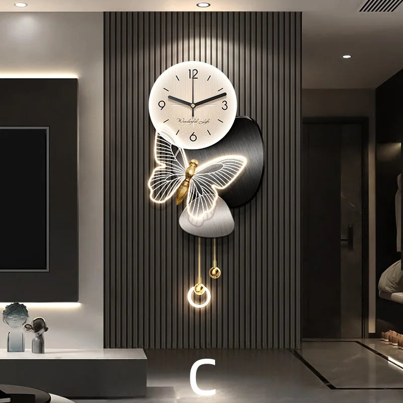 Living Room Foyer Creative Clock Butterfly LED Mural Lights TV Background Wall Entrance Decoration Painting Hanging Painting