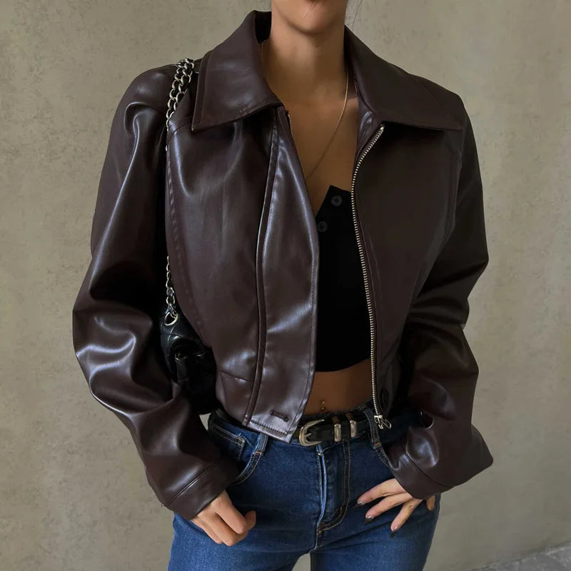 Vintage Solid Waist Cinching Leather Jacket Women Fashion Stand Collar Full Sleeve Zipper Buckle Coat 2026 Lady Street Outerwear