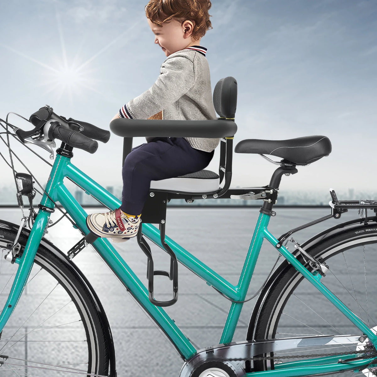 Front Mount Kids Bike Seat, Two Point Fixed Bicycle Child Seat, Removable Handrail Front Seat for Toddler,Steel PC Construction CB DROPSHIPPING