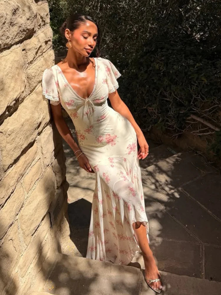 Women White Pink Floral Print Fishtail Skirt Set Chic V Neck Puff Sleeve Ruffle Button Crop Top Suit Elegant Lady Wedding Outfit