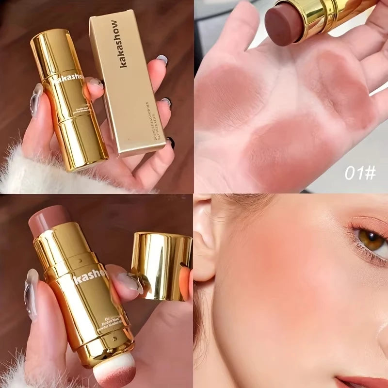 Double Head Powder Blusher Stick, Multi-use Cream Blush Stick with Sponge Tip, Long-lasting Natural Cheek Tint, Portable Makeup CB DROPSHIPPING