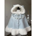 Japanese Kawaii Coat Cloak Faux Fur Collar Long Sleeve Tops Women Casual Lolita Bow Button Jackets Warm Sweet Women Clothing