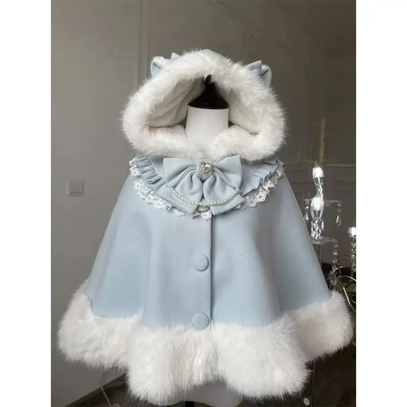 Japanese Kawaii Coat Cloak Faux Fur Collar Long Sleeve Tops Women Casual Lolita Bow Button Jackets Warm Sweet Women Clothing