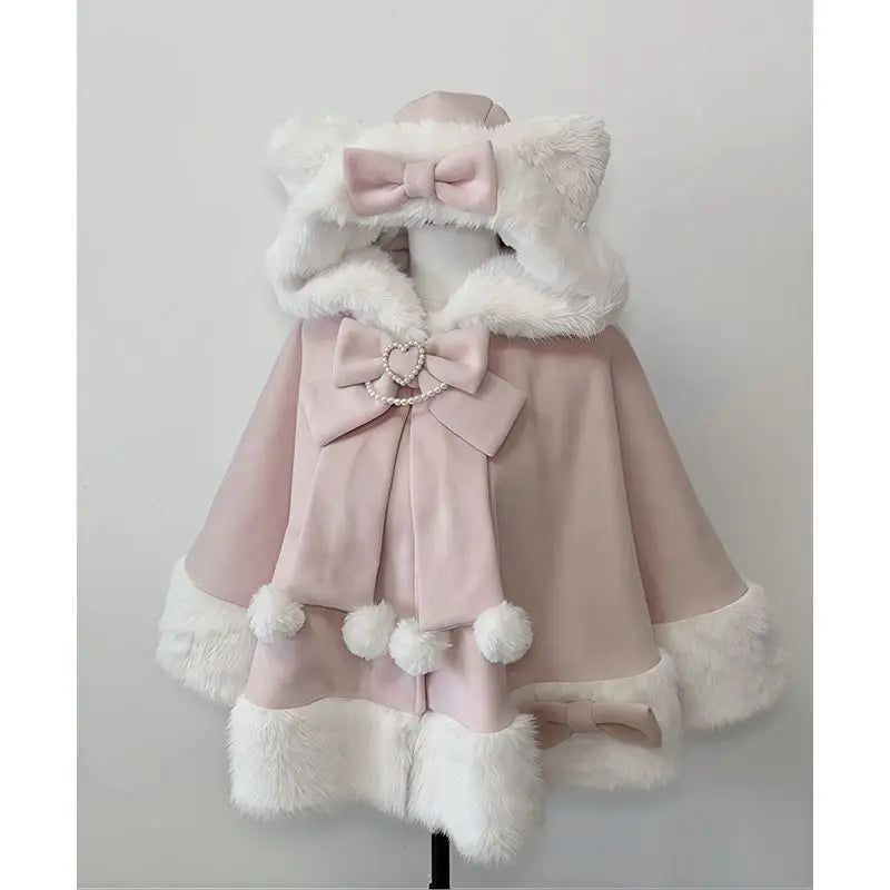 Japanese Kawaii Coat Cloak Faux Fur Collar Long Sleeve Tops Women Casual Lolita Bow Button Jackets Warm Sweet Women Clothing