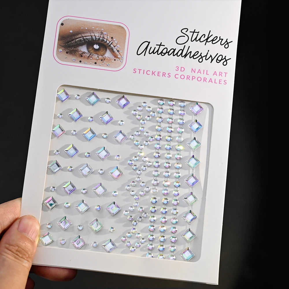 1pc 3D Y3K Silver Aurora Moon Star Face Gems Jewels Rhinestone Stickers Self Adhesive Crystal Makeup Diamonds Tattoos Decoration