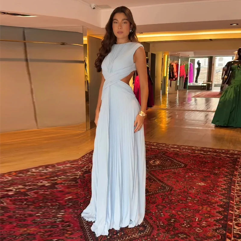 Backless Women Dress Cross Waist Long Dress Sleeveless Backless dresses A Line Ruched Evening Gown  Elegant Party Gown 2026 New