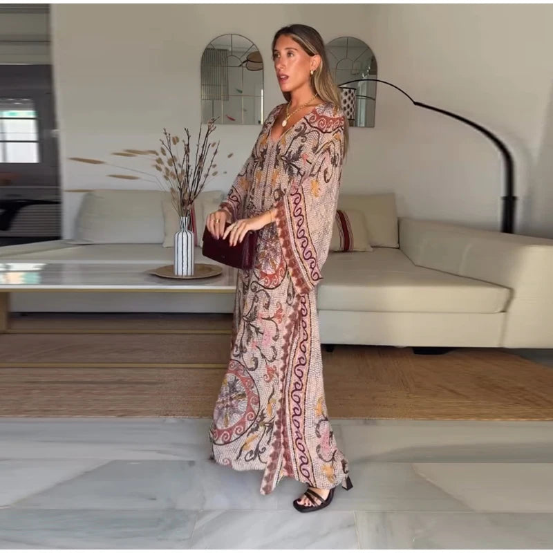 Women V Neck Vintage Vine Print Batwing Sleeve Maxi Dress Drawstring Waist Loose Flare Long Dress Mesh Texture Beach Vacation
