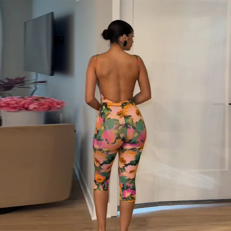 Trendy Bright Set Floral Print Spicy Girls Bodysuit Mid-calf Leggings Slim Fit Women Summer Party Chic Beach Festival Outfits