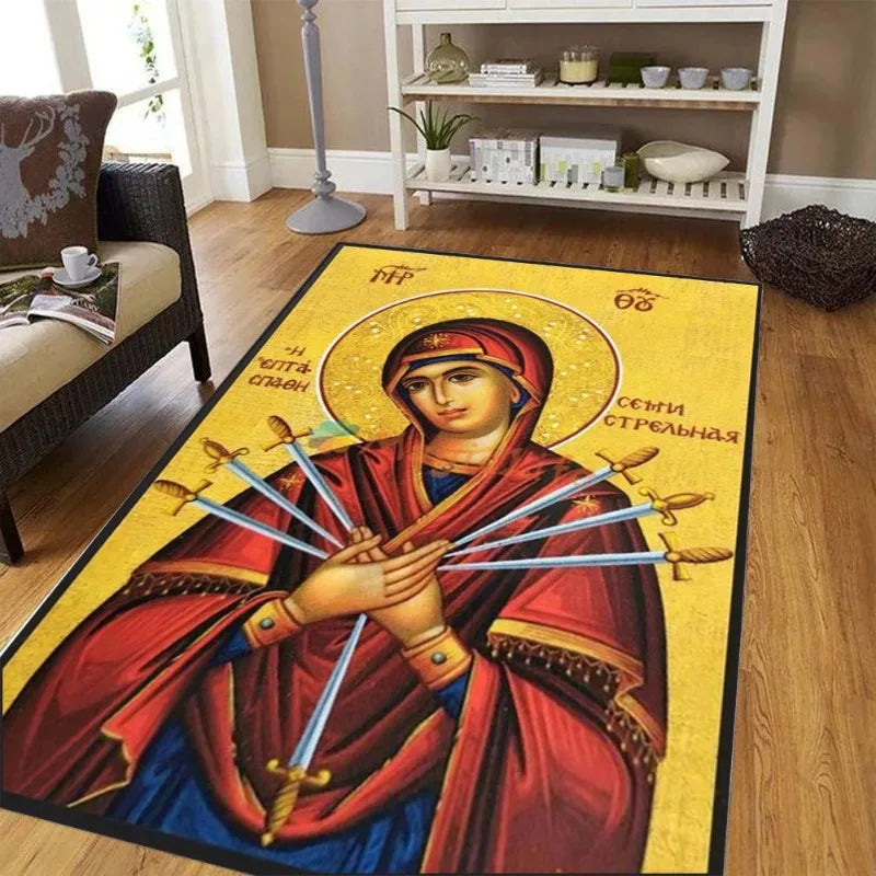 Large Living Room Bedroom Rug Orthodox Saint Icon Print Comfortable Feel Non Shedding Durable Floor Distinctive Elegant Home