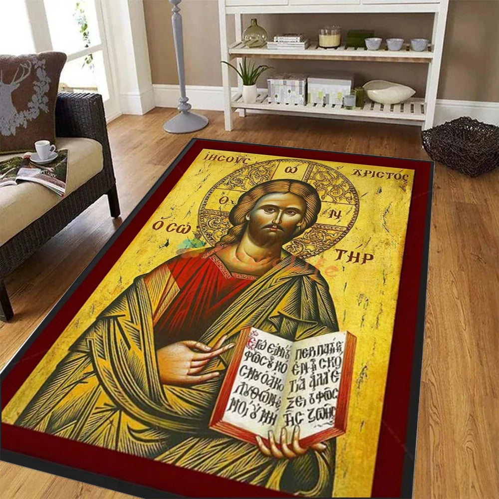 Large Living Room Bedroom Rug Orthodox Saint Icon Print Comfortable Feel Non Shedding Durable Floor Distinctive Elegant Home