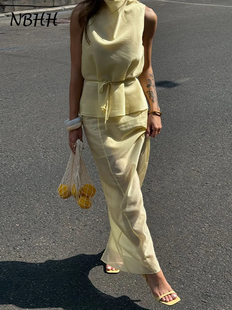 Casual Yellow Top Long Skirts Sets Women Sleeveless Lace Up Tops Straight Slit Skirt 2026 Summer Holiday Street Lady Solid Suits