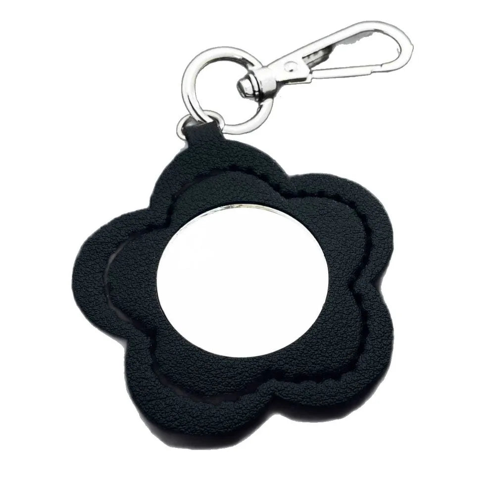 Simple Leather Hanging Keyring Small Mirror Key Chain Ring Bag Pendant for Gift Car Packet Keychain Cute Makeup Flower Shaped