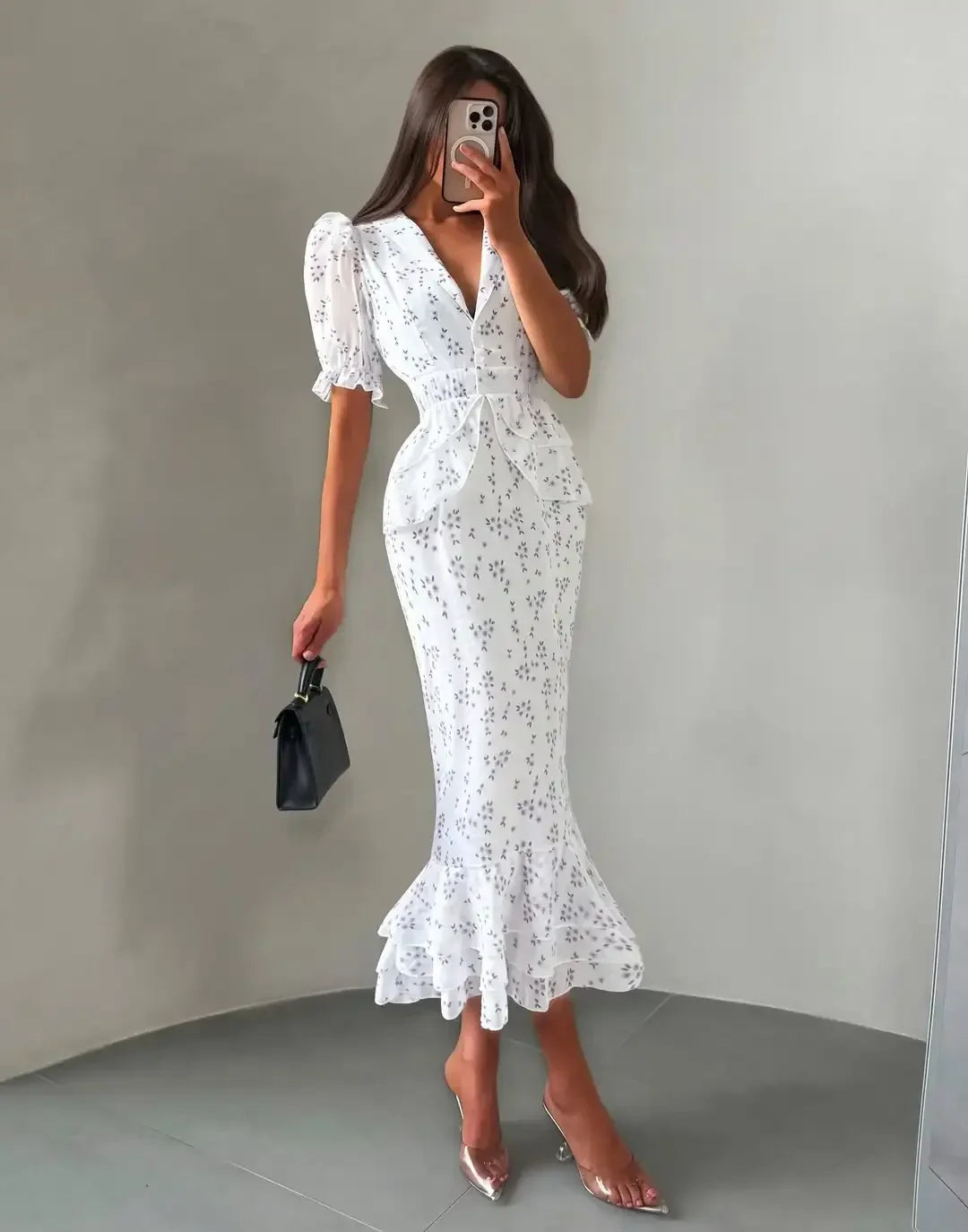 Women Elegant Printed V-neck Dress Chic Lapel Waist Cinched Pleated High Waisted Dresses 2026 Summer New Lady Vacation Gowns