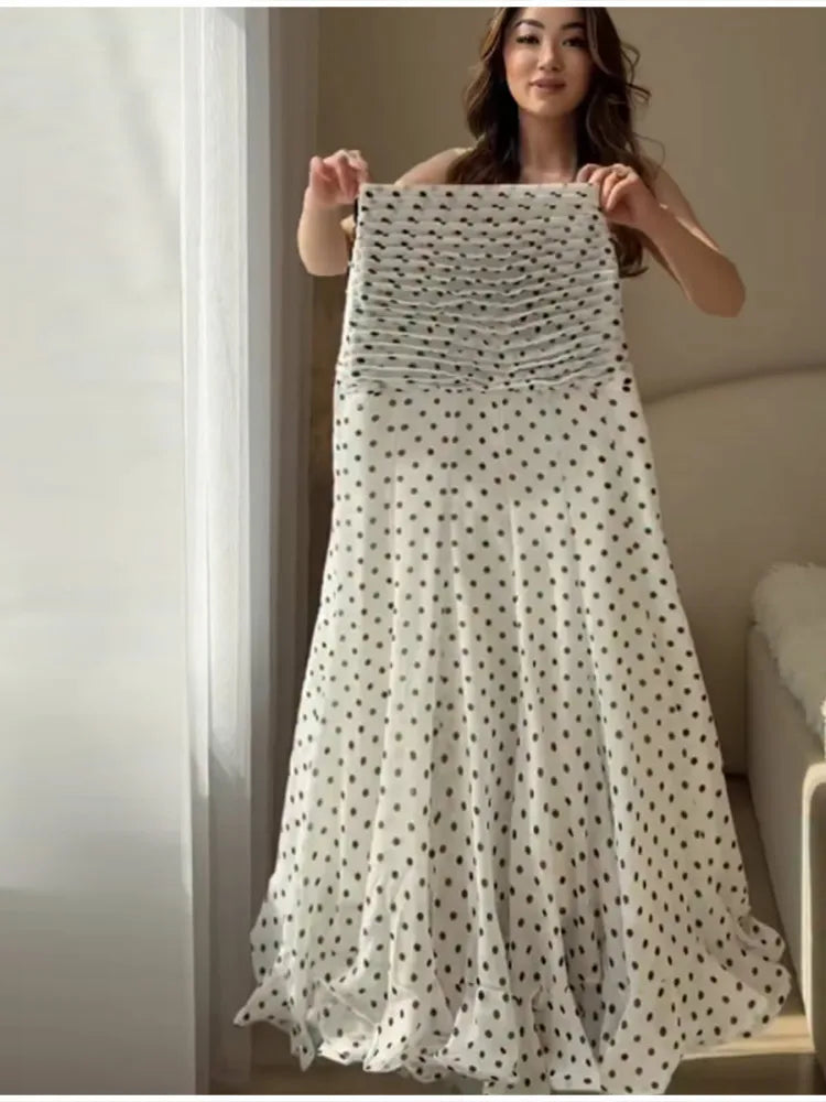 Polka Dot Maxi Skirt High Waist Front Ruched Shirred Detail Flowy Flared Ruffle Hem Mermaid Long Skirt For Beach Vacation