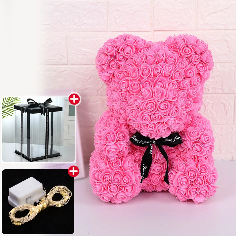 Rose Bear With Box Lights Valentine Gifts Decoration Artificial Flower Teddy Bear for Women/Girlfriend Love Flower Birthday Gift