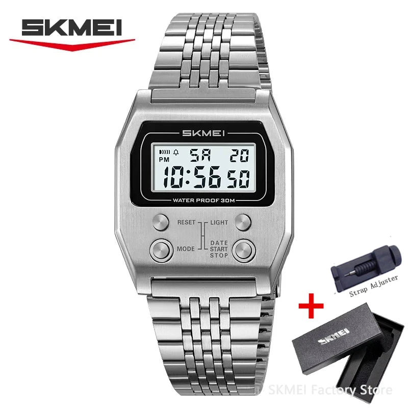 SKMEI 2460 Mens Wristwatches Stainless Steel Sport Luxury Retro LED Electronic Waterproof Digital Watch for Men Reloj Hombre CB DROPSHIPPING