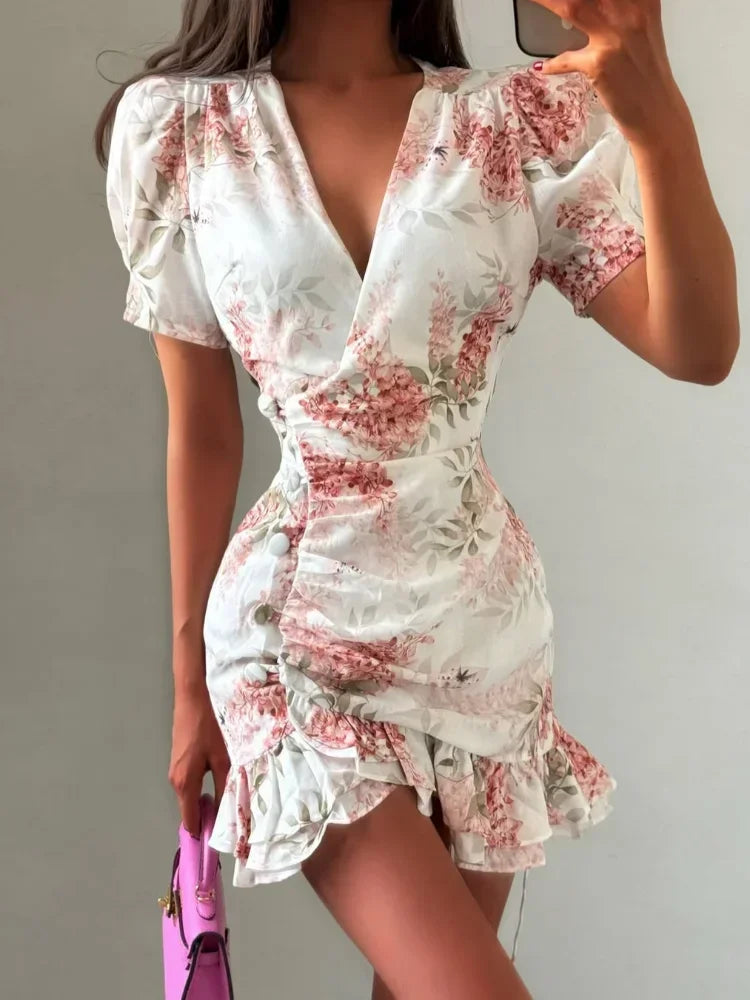 Women Elegant Printed Short Dress Chic V-neck Short Sleeve A-line Bodycon Mini Dresses 2026 Lady New Summer Vacation Street Robe