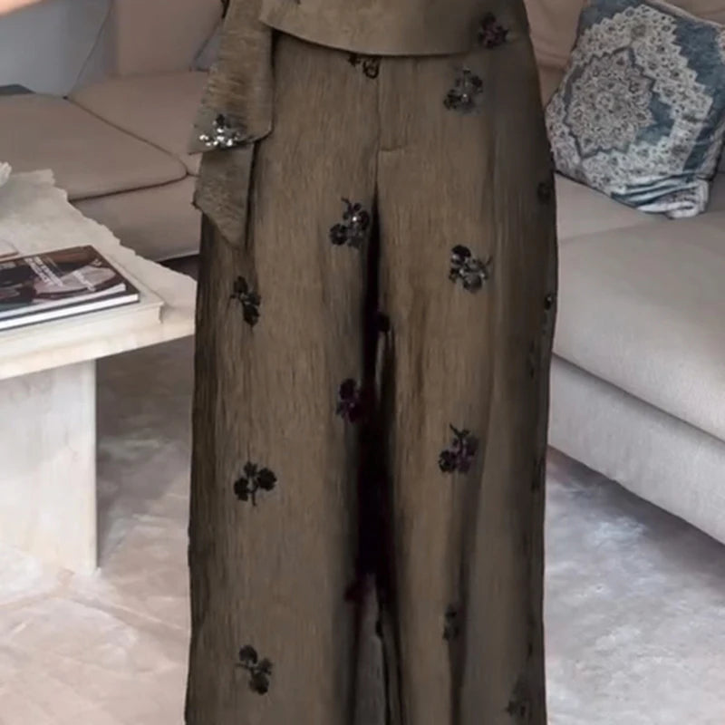 Sequin Two-Piece Set Women's Floral Set Halter Neck Wrap Top Wide-Leg Pants Trousers Party Co-Ord Vacation Wear Woman Clothes