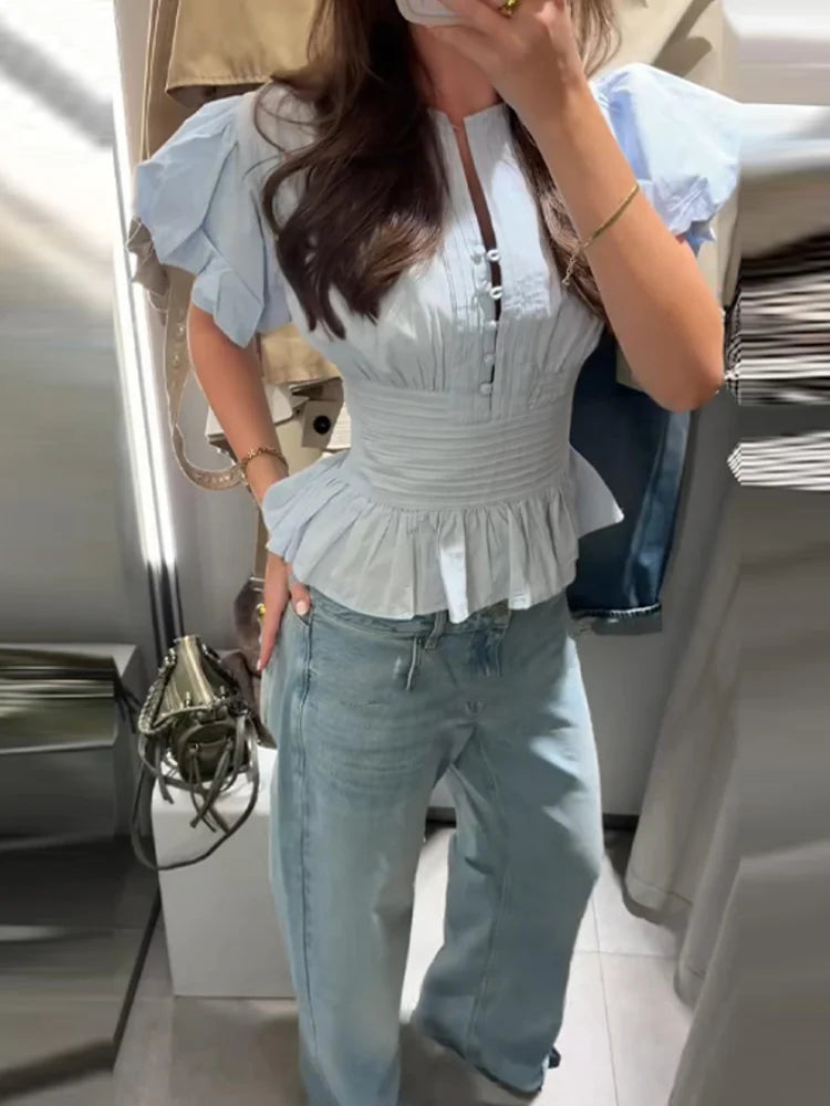 Women Round Neck Puff Sleeve Blouse Solid Lace Trim Asymmetrical Hem Slim Fit Shirt 2026 Spring Summer Chic Elegant Casual Top