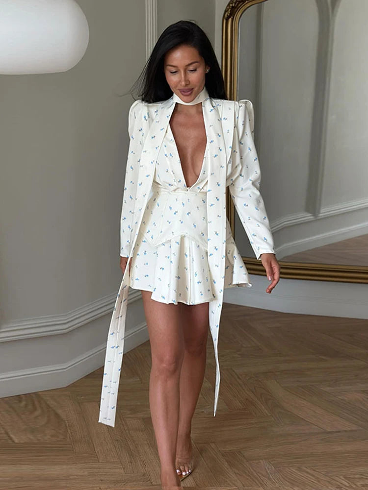 Women Floral Dress Choker Tie Midi Dress Deep V Long Sleeve Belt Waist Club Mini Dress Summer Wear Woman Clothes Daily Outfit